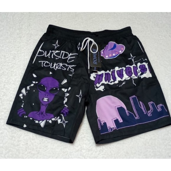 ROMWE Street Life Guys Cartoon & Letter Drawstring Waist Shorts SO3 Black Medium - Picture 1 of 10
